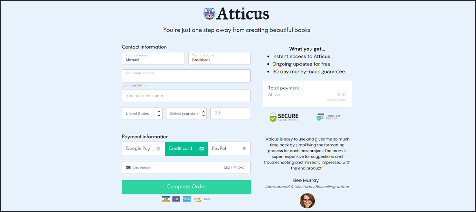 Atticus Payment Screen